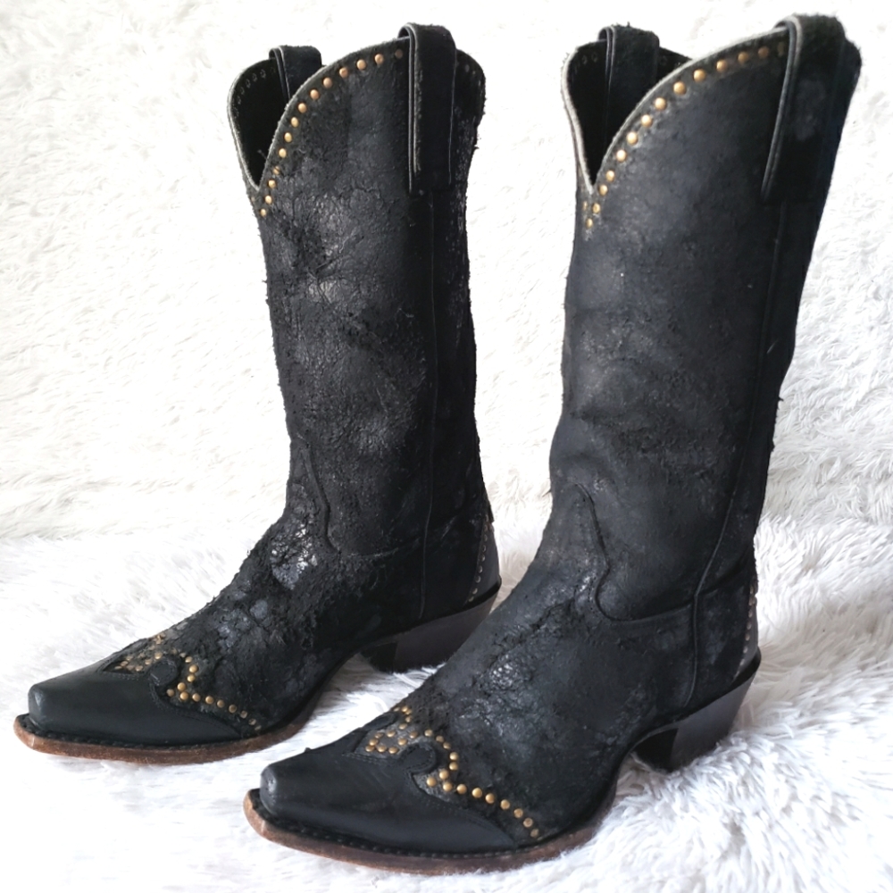 Sonora Riley Roughout Leather Cowboy Boots Black Studded Western Boots